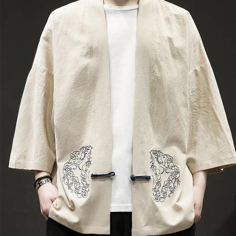 Buddha Stones Chinese Frog-Button Design Open Front Jacket Men's Cotton Linen Kimono