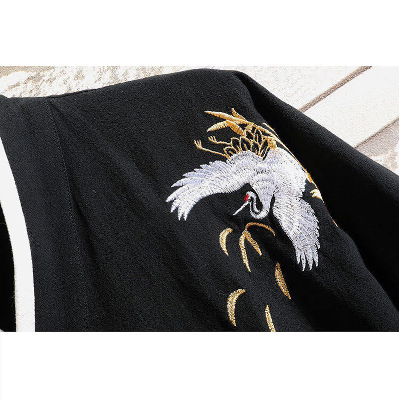 Buddha Stones Tang Suit Embroidery Crane Pattern Lace-Up Side Men's Cotton Linen T-Shirt