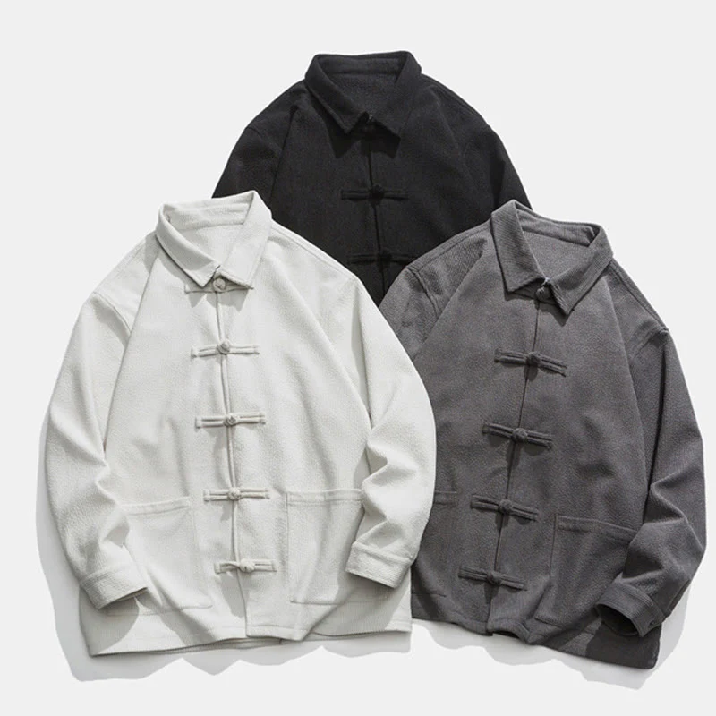 Buddha Stones Long Sleeve Frog-button Design Men's Polyester Jacket Shirt With Pockets