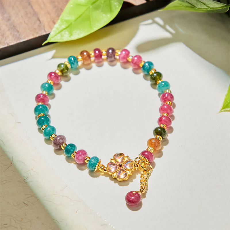 Buddha Stones Tourmaline Four Leaf Clover Flower Love Bracelet