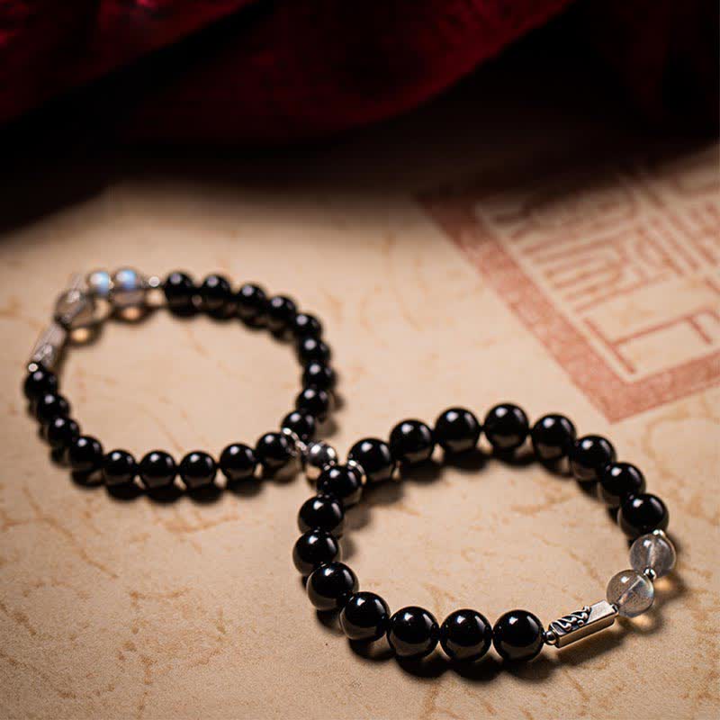 Buddha Stones 925 Sterling Silver Obsidian Moonstone Strength Couple Bracelet