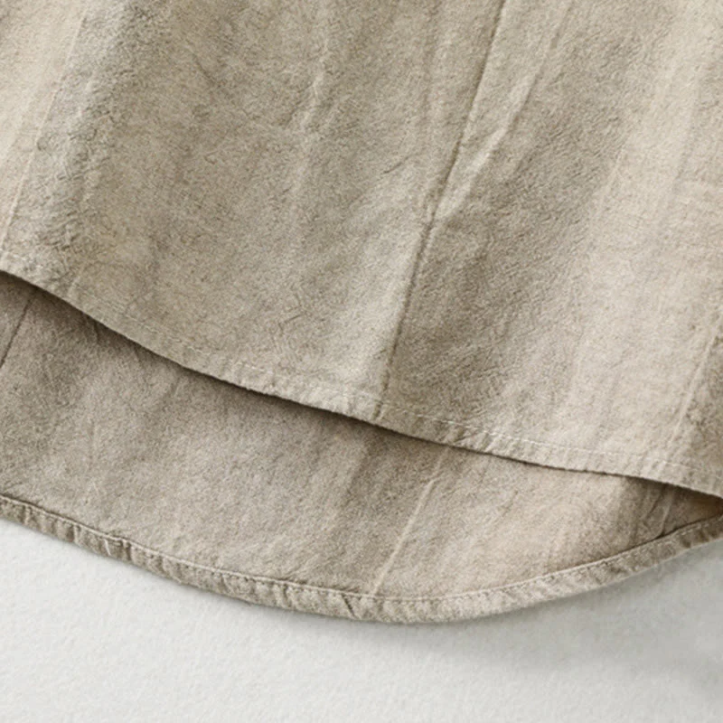 Buddha Stones Plain Pleats Half Buttons Design Stand Collar Men's Long Sleeve Cotton Linen Shirt