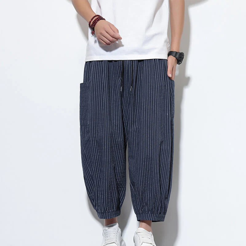 Buddha Stones Casual Striped Men's Cotton 7-8 Length Harem Pants With Pockets