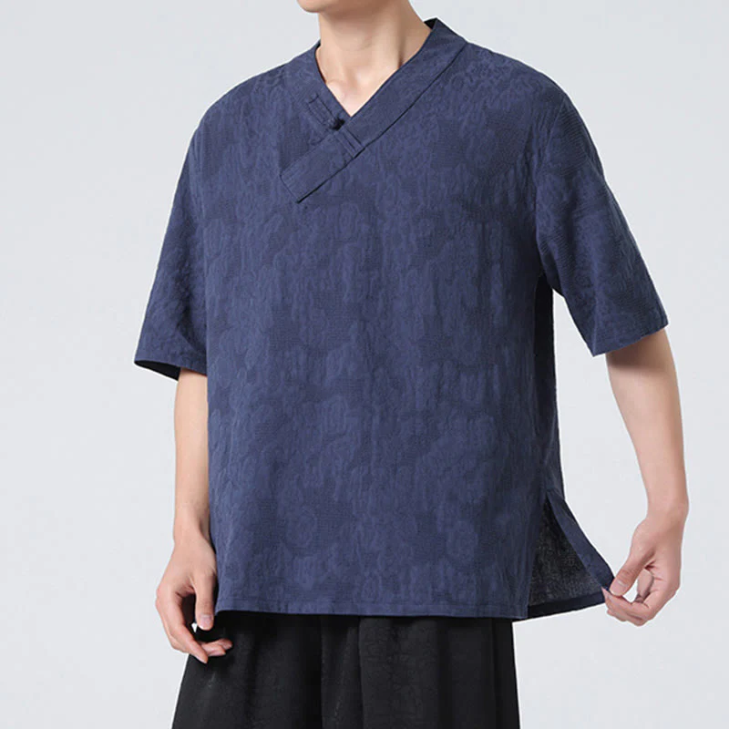 Buddha Stones Ethnic Distressed Jacquard Frog-Button Men's Stand Collar Half Sleeve Cotton Linen Shirt Tai Chi Clothes