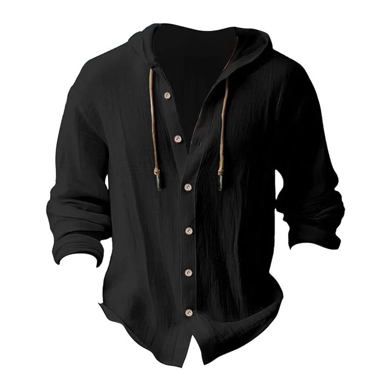Buddha Stones Solid Color Long Sleeve Hooded Drawstring Buttons Linen Men's Shirt