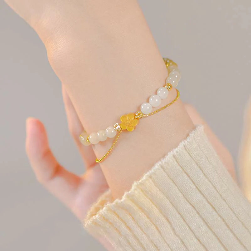 Buddha Stones 925 Sterling Silver Natural Hetian Jade Peach Blossom Luck Chain Bracelet