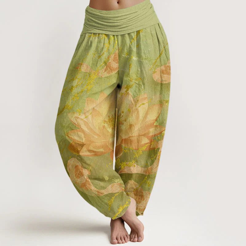 Buddha Stones Casual Lotus Flower Koi Fish Pattern Women's Harem Pants