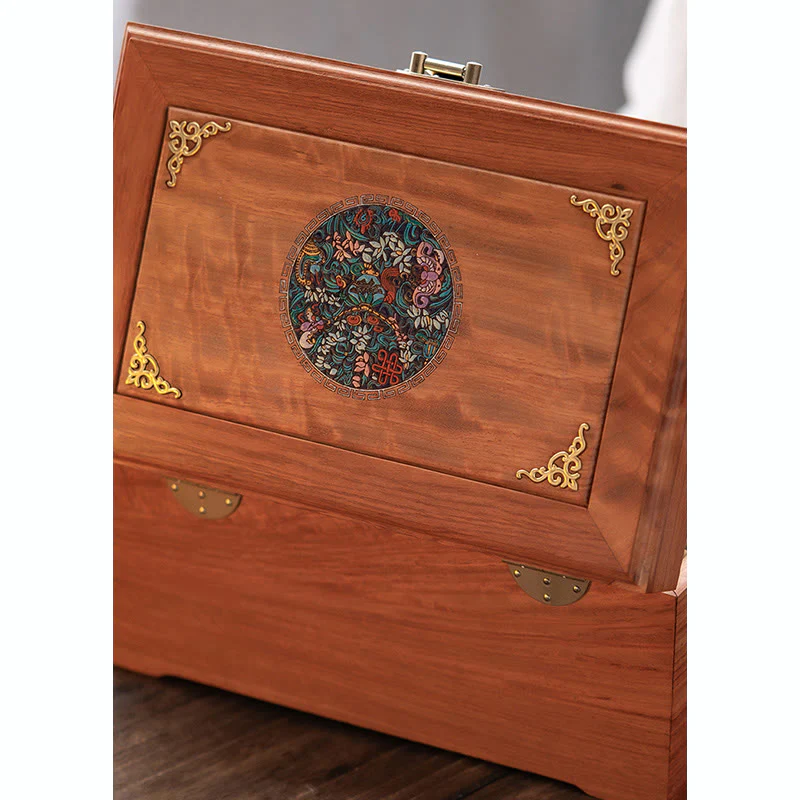 Buddha Stones Antique Handmade Rosewood Jewelry Storage Box Lockable Large Double Layer Flower Wooden Gift Organizer Box