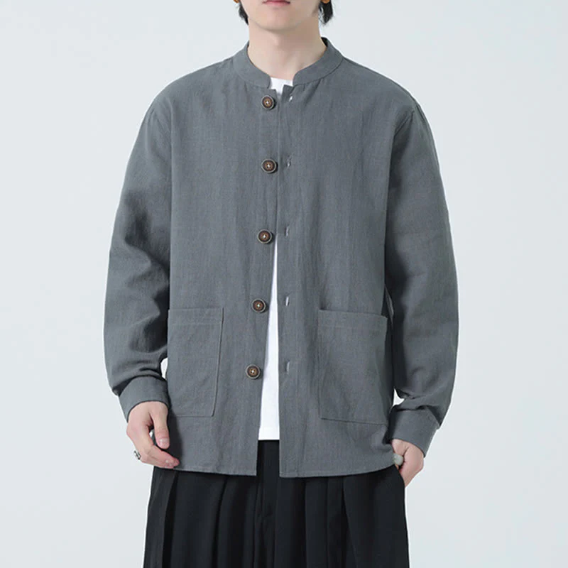 Buddha Stones Men's Button Ramie Linen Cotton Fleece Lined Jacket Shirt With Pockets