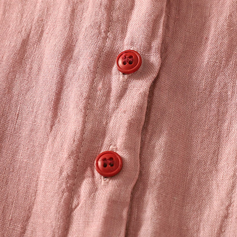 Buddha Stones Summer Plain Red Buttons Short Sleeve Women's Cotton Linen Shirt