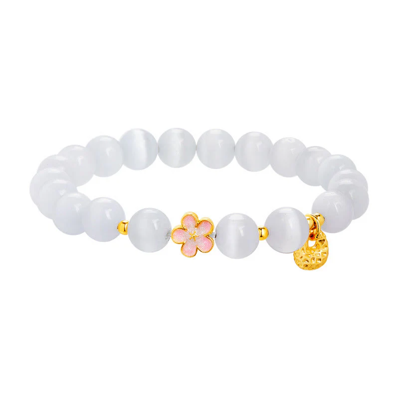Buddha Stones 925 Sterling Silver Peach Blossom Lucky Bag White Cat's Eye Luck Bracelet