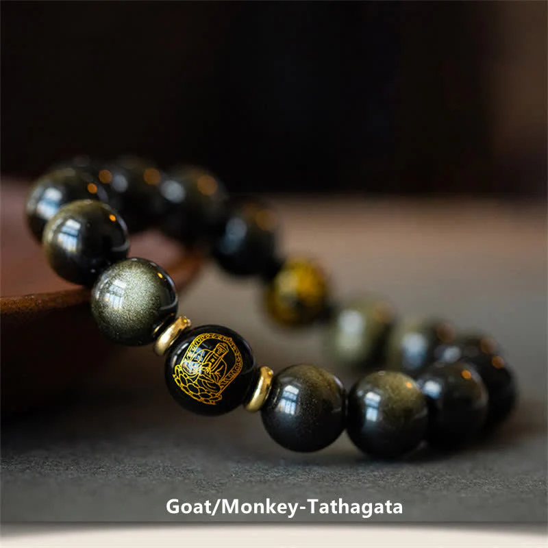 Buddha Stones Chinese Zodiac Natal Buddha Gold Sheen Obsidian Wealth Protection Bracelet