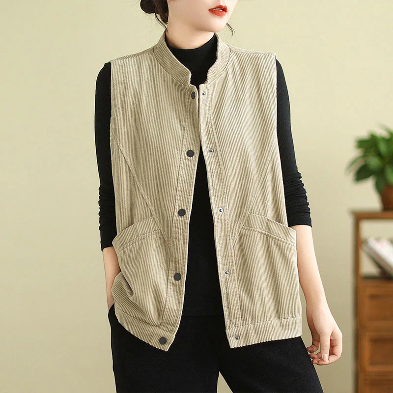 Buddha Stones Plain Sleeveless Women's Cotton Vest Corduroy Waistcoat With Pockets