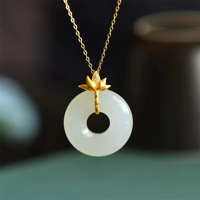 Buddha Stones White Jade Lotus Harmony Necklace Pendant
