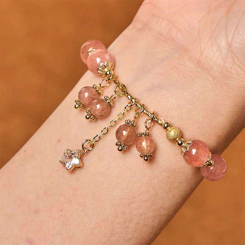Buddha Stones Natural Strawberry Quartz Four Leaf Clover Star Positive Bracelet