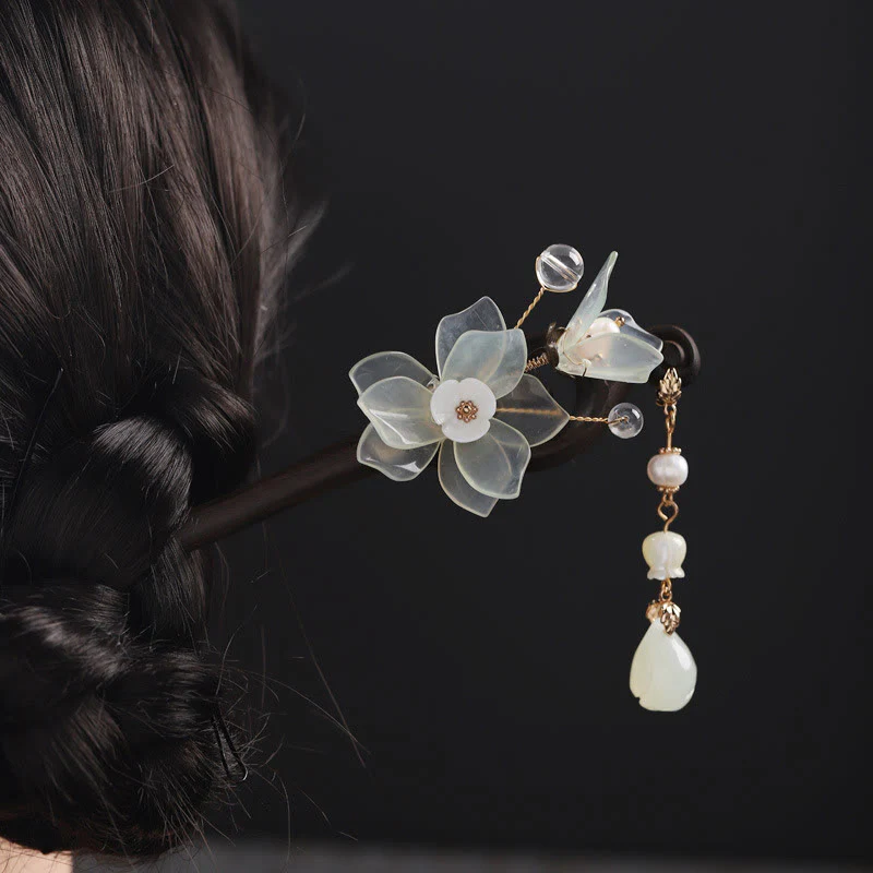 Buddha Stones Ebony Jade Shell Magnolia Tassel Blessing Hairpin