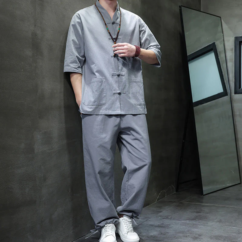 Buddha Stones 2Pcs Tang Suit Frog-Button Design Shirt Pants With Pockets Men's Cotton Linen Meditation Cloth Set