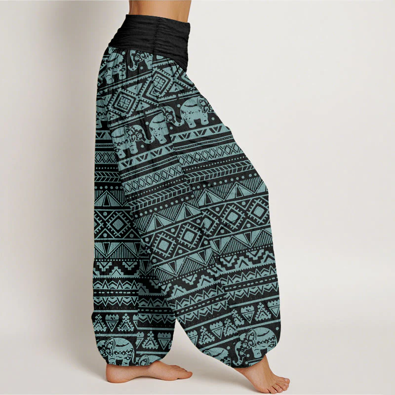 Buddha Stones Pure Cotton Casual Elephant Geometric Figure Women's Elastic Waist Harem Pants