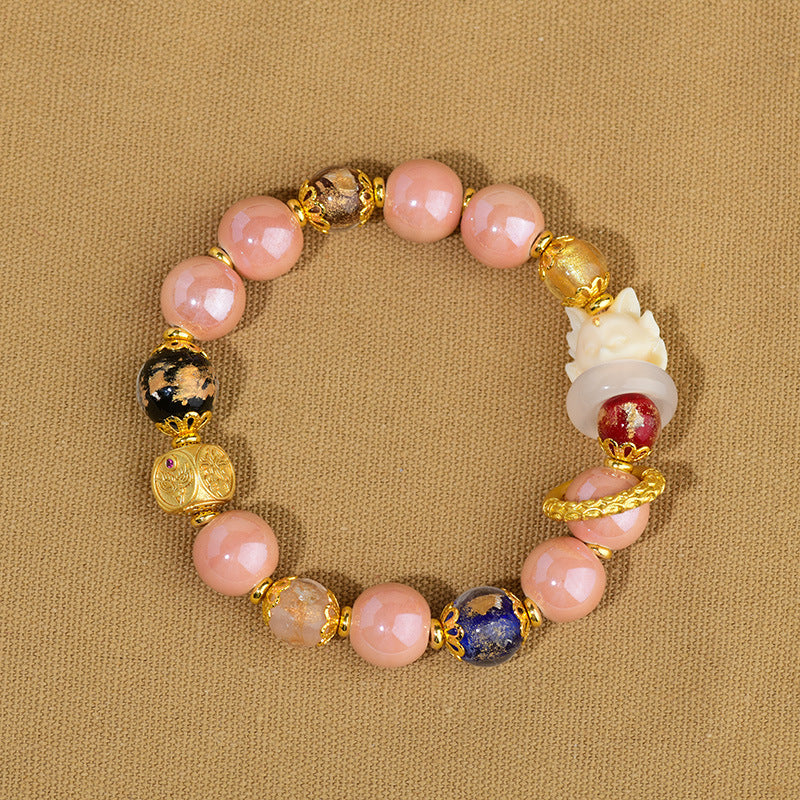 Buddha Stones Tibetan Incense Ash Liuli Glass Bead Luck Protection Nine Tailed Fox Bracelet