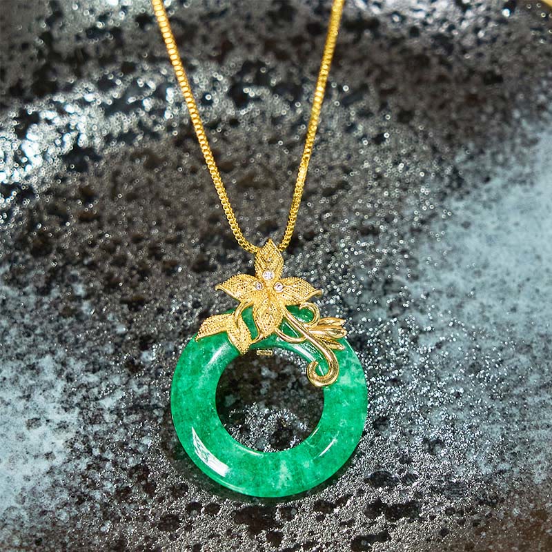 Buddha Stones Cyan Jade Peace Buckle Alloy Flower Healing Luck Necklace Pendant