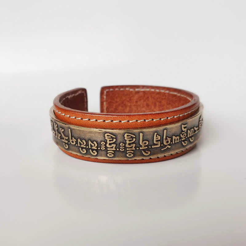 Buddha Stones 2Pcs Om Mani Padme Hum Dragon Phoenix Copper Leather Peace Cuff Bracelet Bangle