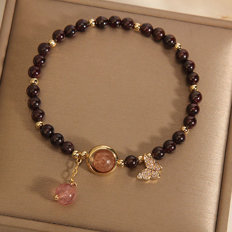 Buddha Stones Natural 3mm Ultra-thin Garnet Strawberry Quartz Butterfly Calm Bracelet