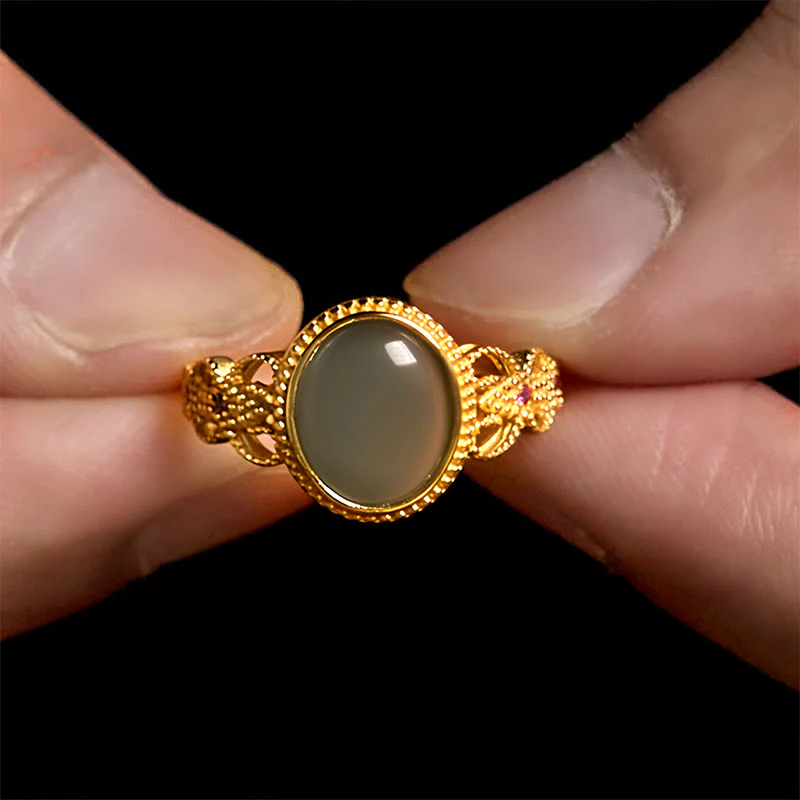 Buddha Stones Natural 925 Sterling Silver Plated Gold Hollow Design Jade Luck Ring