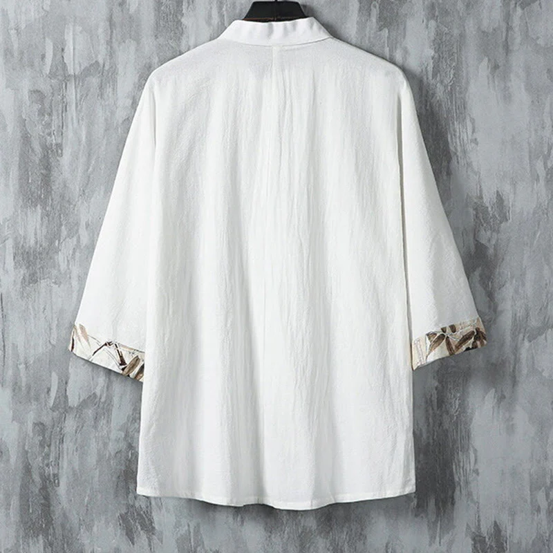 Buddha Stones Summer Plain Chinese Frog-button Patchwork Design Cotton Linen Men's Shirt Jacket