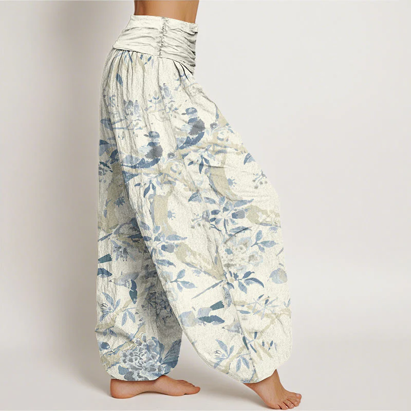 Buddha Stones Birds Branches Flowers Pattern Women's Elastic Waist Harem Pants