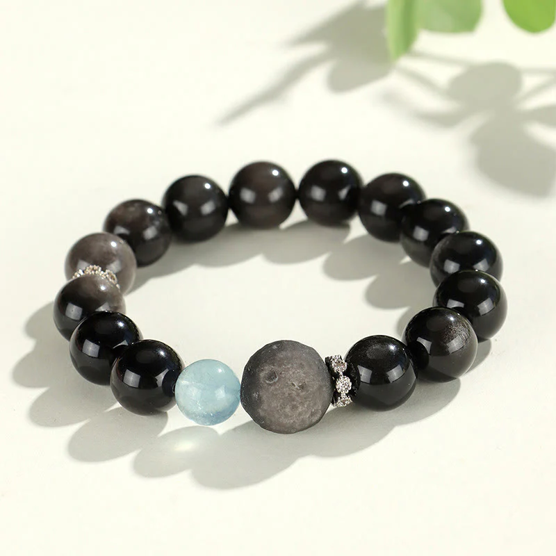 Buddha Stones Natural Silver Sheen Obsidian Cat Head Fox Planet Protection Bracelet