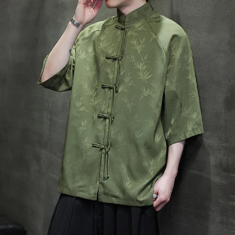 Buddha Stones Jacquard Bamboo Pattern Chinese Frog-Button Stand Collar Tang Suit Men's Cotton Shirt