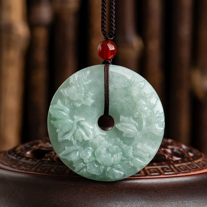 Buddha Stones Round Jade Peace Buckle Peony Flower Abundance Necklace Pendant