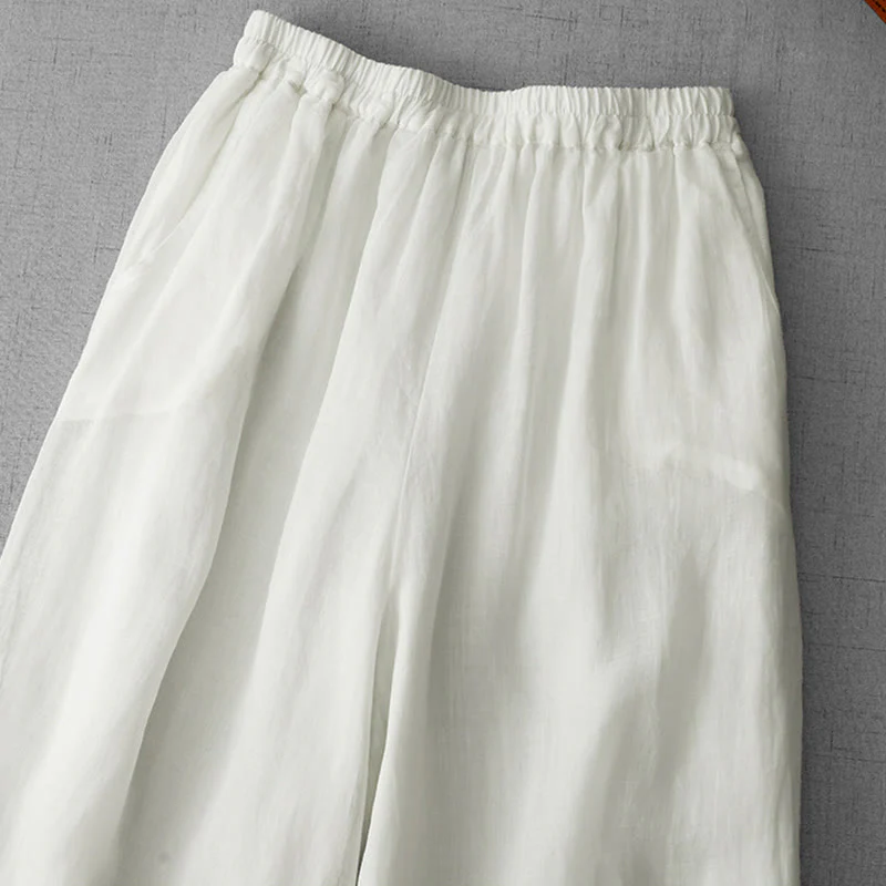 Buddha Stones Commute Solid Color Lace Embroidery Design Cotton Women's Wide Leg Cropped Pants With Pockets