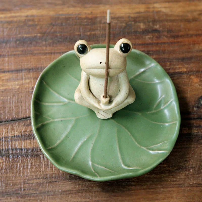 Buddha Stones Handmade Ceramic Stick Frog Incense Burner Decoration