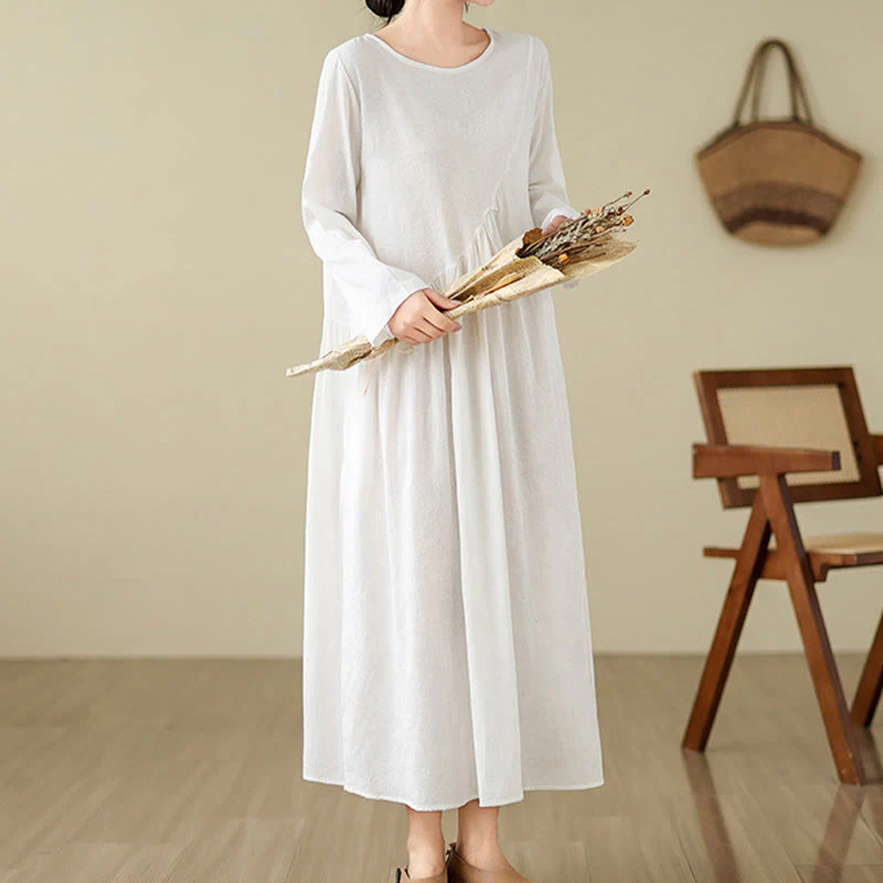 Buddha Stones Plain Jacquard Flower Irregular Design Cotton Linen Midi Dress With Pockets
