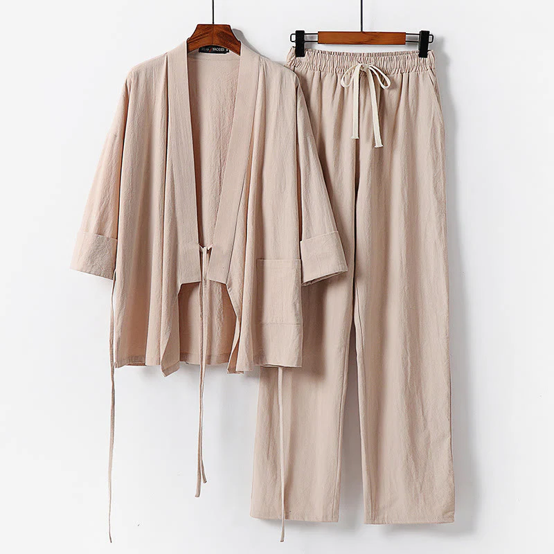 Buddha Stones 2Pcs Lace-up Cotton Kimono Pants With Pockets Men's Meditation Cloth Set