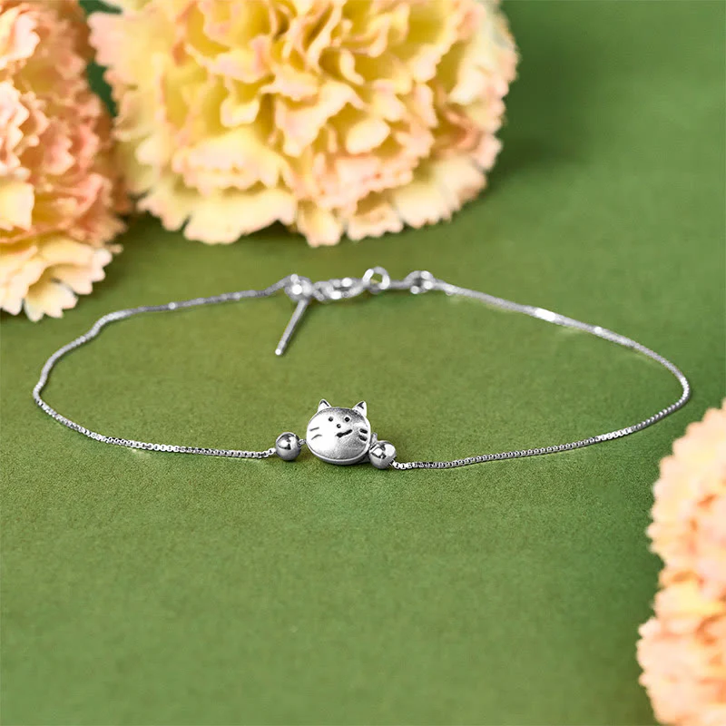 Buddha Stones 925 Sterling Silver Mini Cat Blessing Chain Bracelet