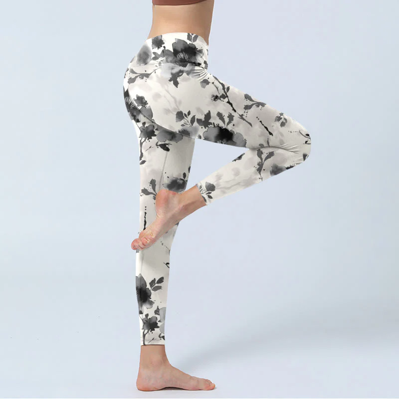 Buddha Stones Ink Painting Style Flower Pattern Print Gym Leggings Women's Yoga Pants