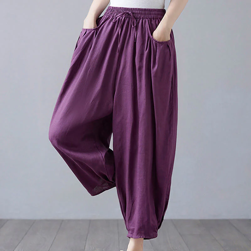 Buddha Stones Summer Plain Cropped Pants Women's Cotton Linen Harem Pants With Pockets