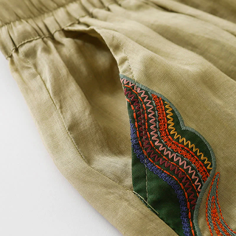 Buddha Stones Summer Embroidery Double Layer Cotton Linen Women's Wide Leg Pants With Pockets