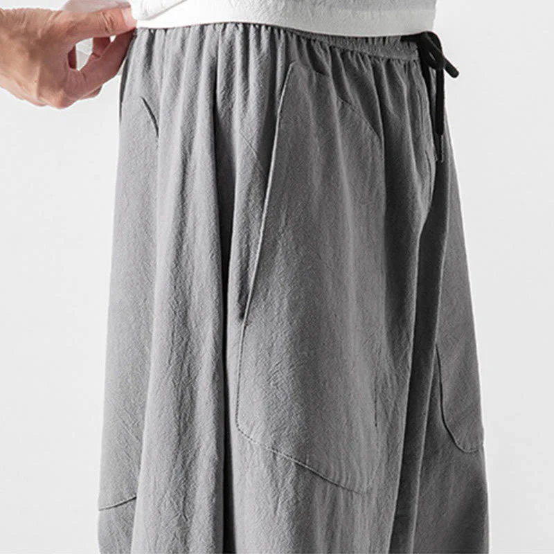 Buddha Stones Casual Low Crotch Design Drawstring Men's 7-8 Length Cotton Linen Wide Leg Pants With Pockets