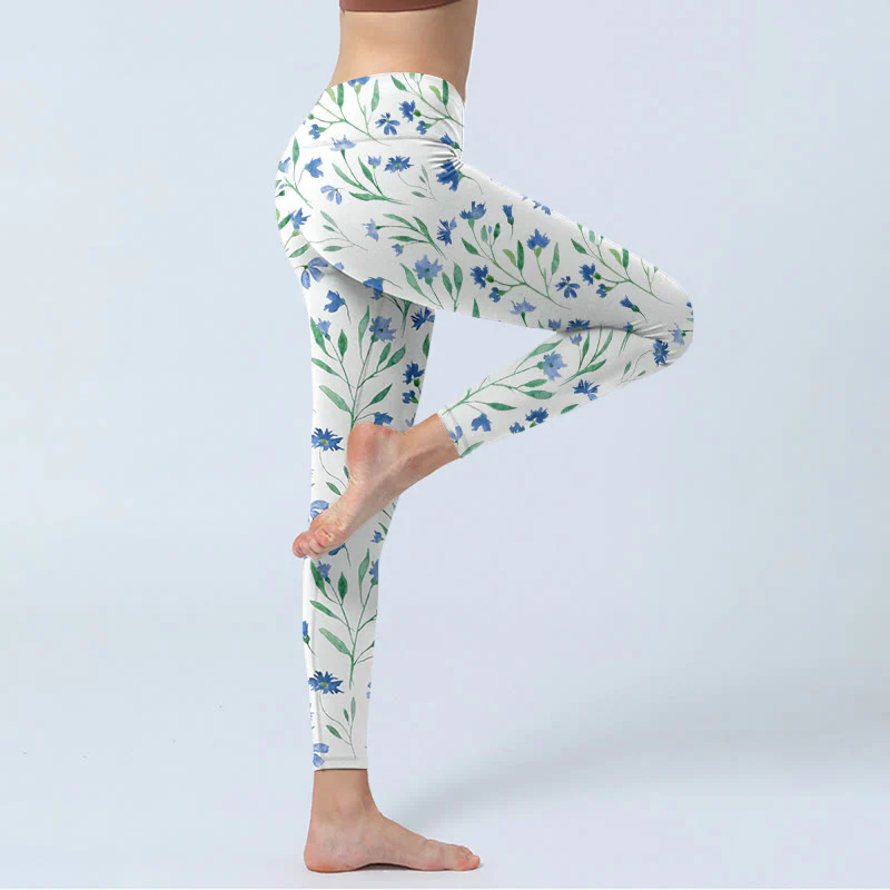 Buddha Stones White Flowers Leaf Pattern Print Gym Leggings Women's Yoga Pants