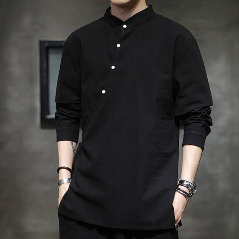 Buddha Stones Plain Lace-Up Simple Button Design Men's Long Sleeve Cotton Linen Shirt Clothing