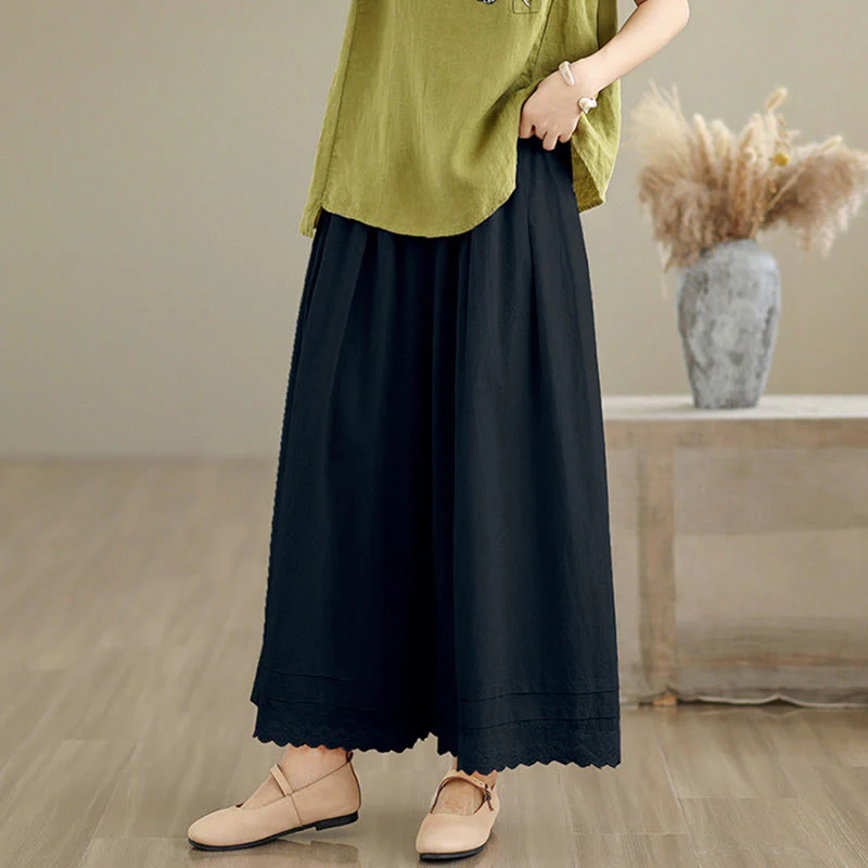 Buddha Stones Commute Simple Lace Design 7-8 Length Women's Wide Leg Cotton Linen Pants With Pockets