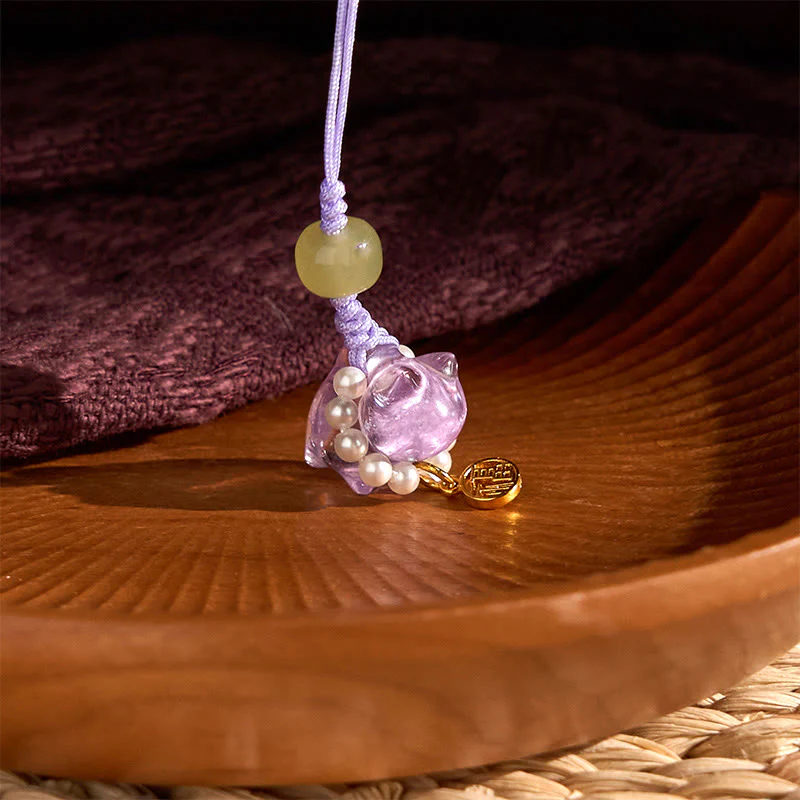 Buddha Stones Pink Crystal Amethyst Citrine Pearl Fu Character Lucky Kitten Warmth Phone Hanging Decoration