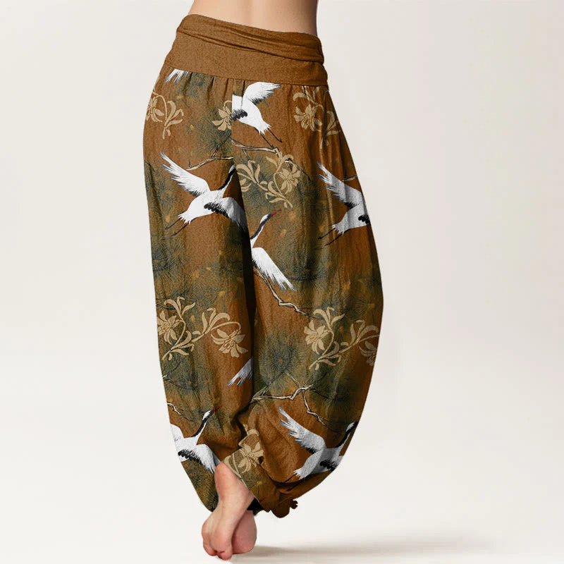 Buddha Stones Casual Red-crowned Crane Pine Tree Pattern Women's Elastic Waist Harem Pants
