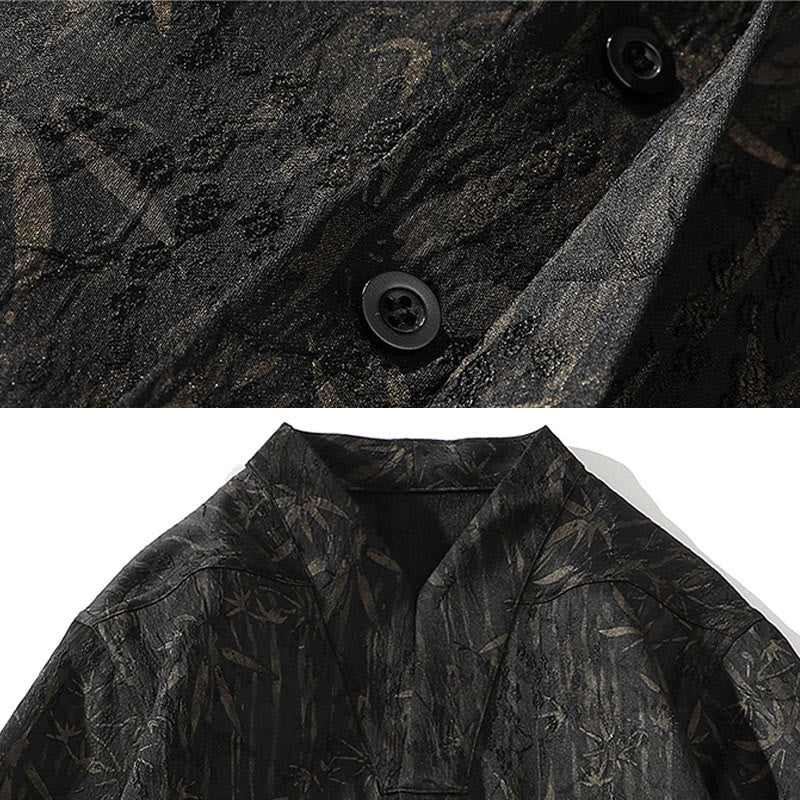 Buddha Stones Summer Golden Bamboo Jacquard Men's Half Sleeve Linen Shirt