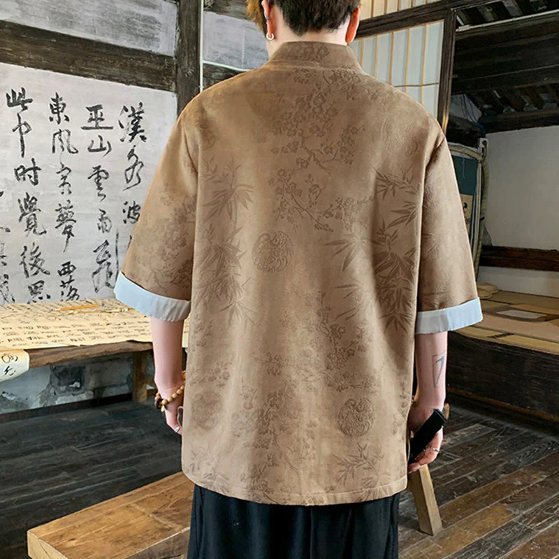 Buddha Stones Jacquard Bamboo Plum Bossom Pattern Chinese Frog-Button Design Men's Half Sleeve Cotton Shirt With Pockets