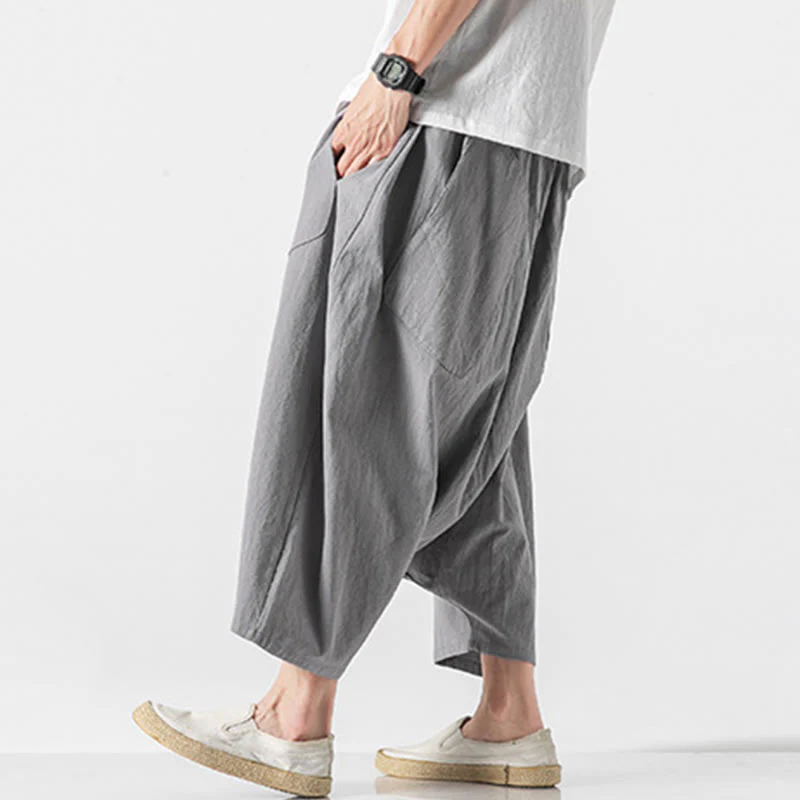 Buddha Stones Casual Low Crotch Design Drawstring Men's 7-8 Length Cotton Linen Wide Leg Pants With Pockets