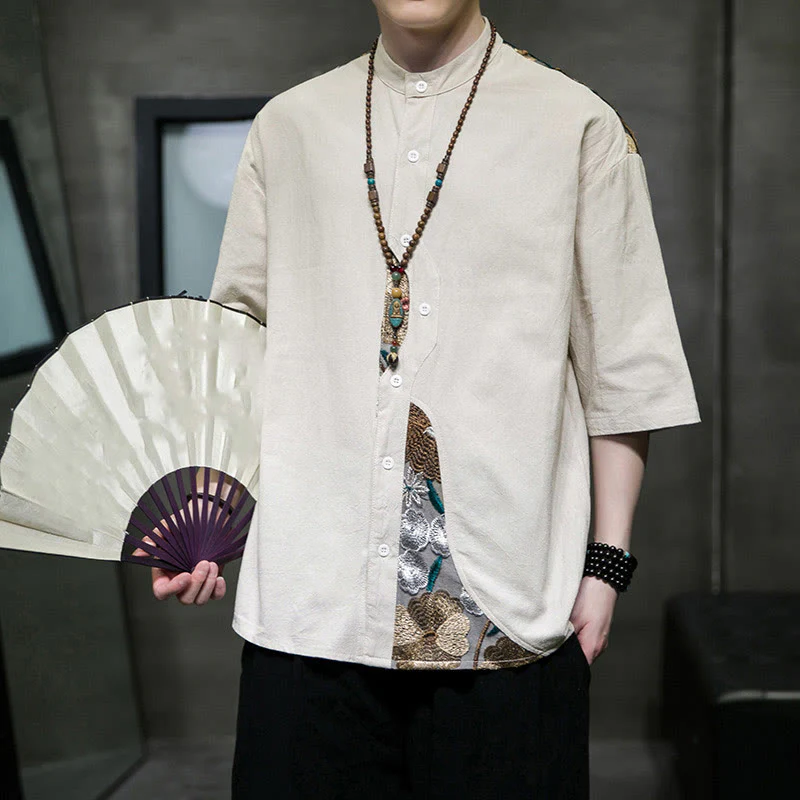 Buddha Stones Embroidery Patchwork Simple Design Three Quarter Sleeve Men's Cotton Linen Shirt